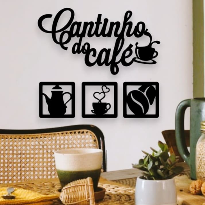 Kit Cantinho do Café 4 Peças MDF 3mm Preto Fosco Decoração de Parede para Cozinha