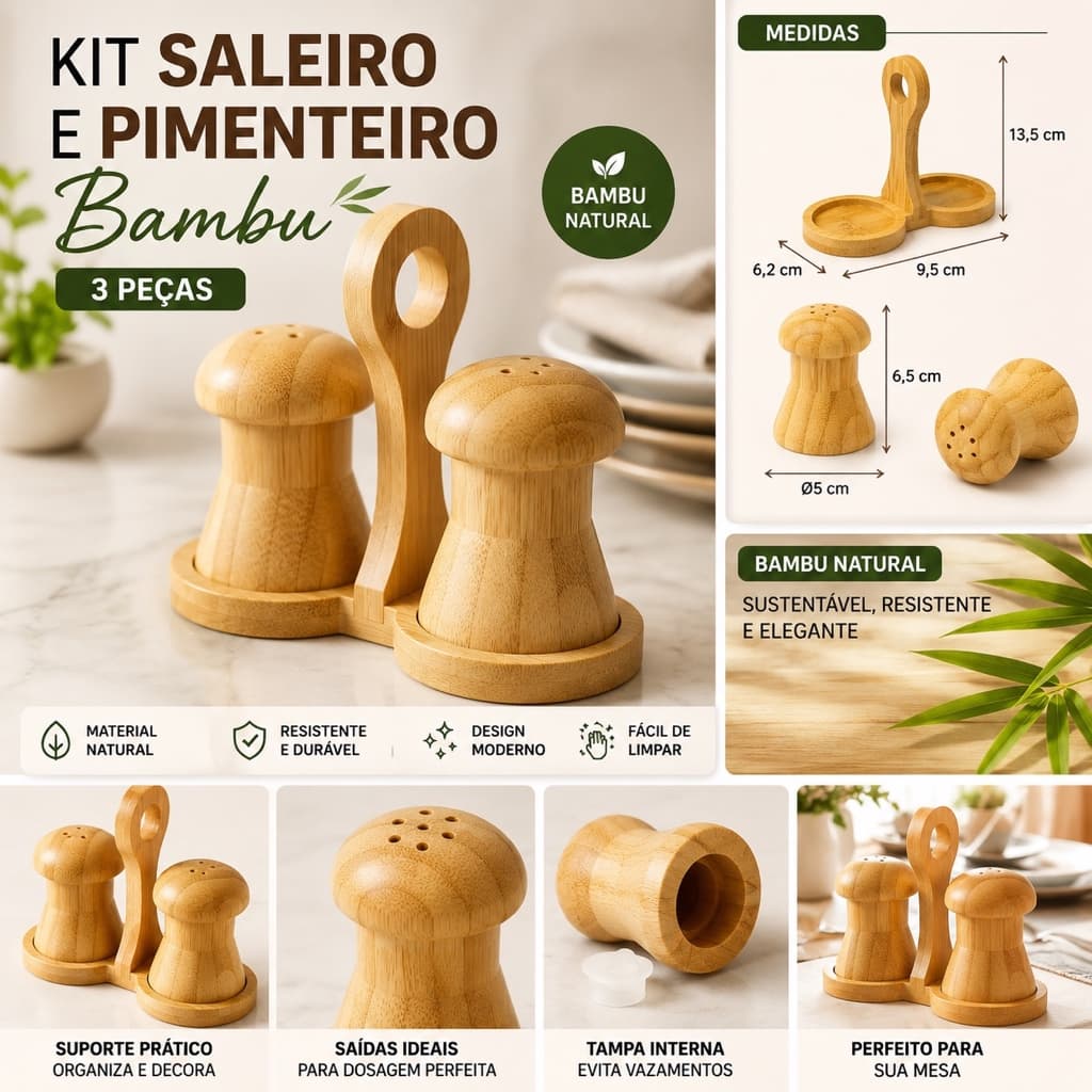 Kit Saleiro Pimenteiro de Mesa Bambu Tempero 50g Galheteiro Pimenta Sal Design Moderno Casa