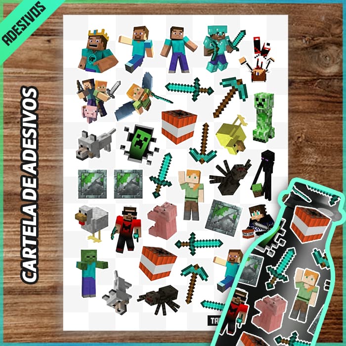 Cartela de Adesivos Minecraft, Vinil À Prova D'água, Games, Steve, Infantil, Stickers