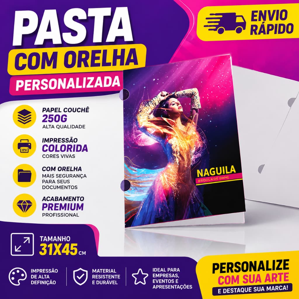 Pasta Personalizada com Orelha 31x45cm | Papel Couchê 250g | Impressão Colorida | Envio Rápido