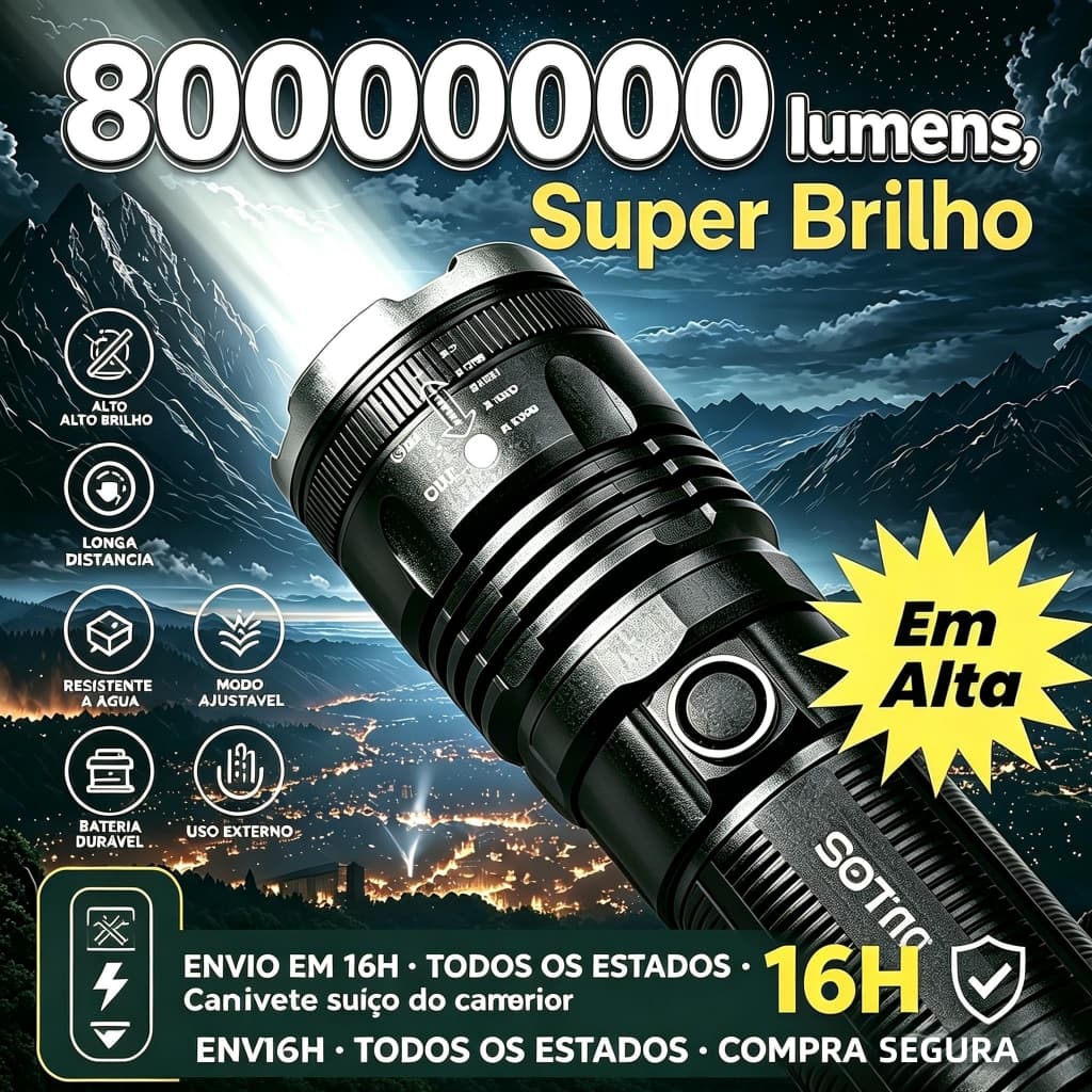 Lanterna Tática 800.000 Lúmens – Super Potente, Recarregável, Longo Alcance, Para Camping e Emergência S2