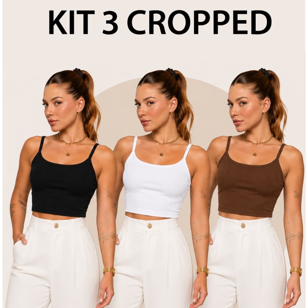 KIT 3 Cropped Feminino Canelado Premium Alça Fina Regata Academia Blusa Casual básico Moda Feminina