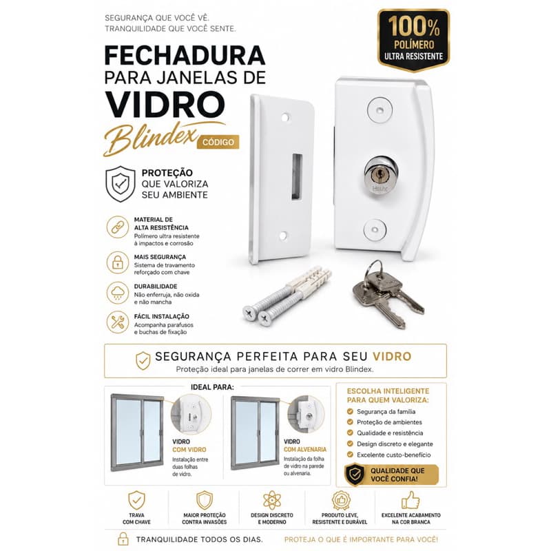 Fechadura para Janela de Vidro  Blindex na cor Branca com Chave, Polímero Ultra Resistente, Fácil Instalação e Segurança