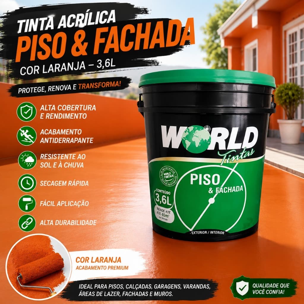 Tinta para Piso e Fachada Laranja 3,6L Alta Cobertura Fácil Aplicação