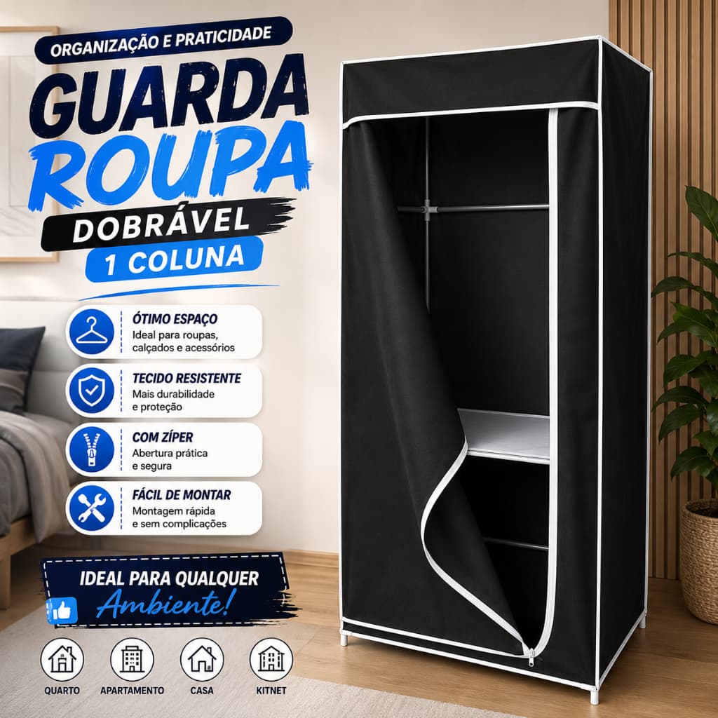 Guarda Roupa Dobrável Portátil 1 Coluna Impermeável Desmontável Arara Sapateira Fácil de Montar