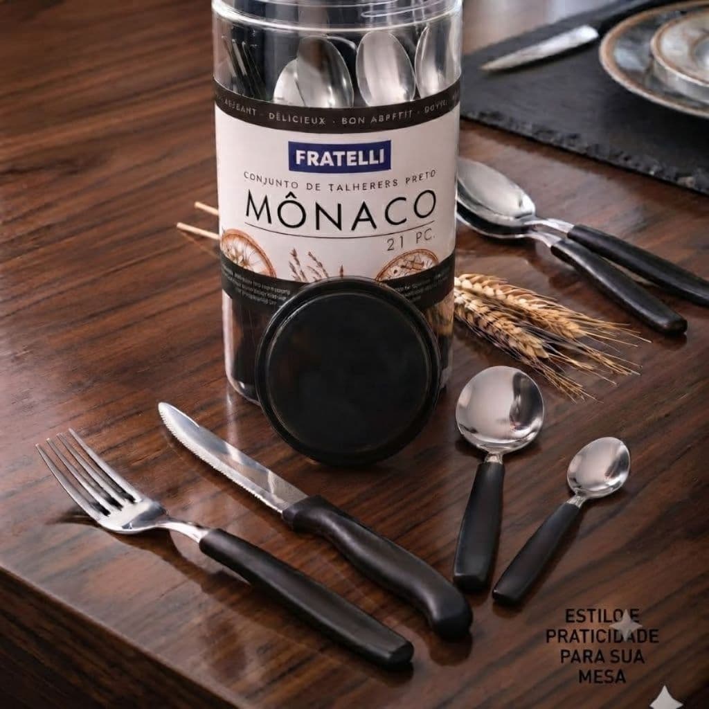 Conjunto Talheres Monaco 21 Pecas Preto Uso Diario Refeicoes Sofisticadas Duravel Moderno