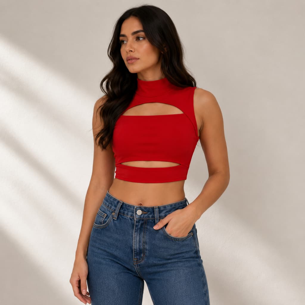 Cropped Feminino Vermelho com Recortes Gola Alta Poliamida Justo Fashion Festa Balada Casual Premium