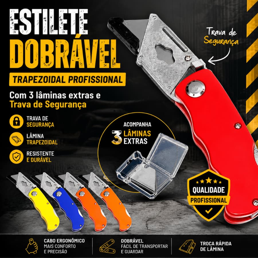 Estilete Dobrável Trapezoidal Profissional Com 3 lâminas extras e Trava de Segurança