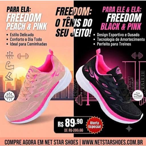 KIT 2 PARES  Tênis Feminino Freedom  com Leveza e Conforto para Corrida caminhada e Academia lazer promoçao estilo