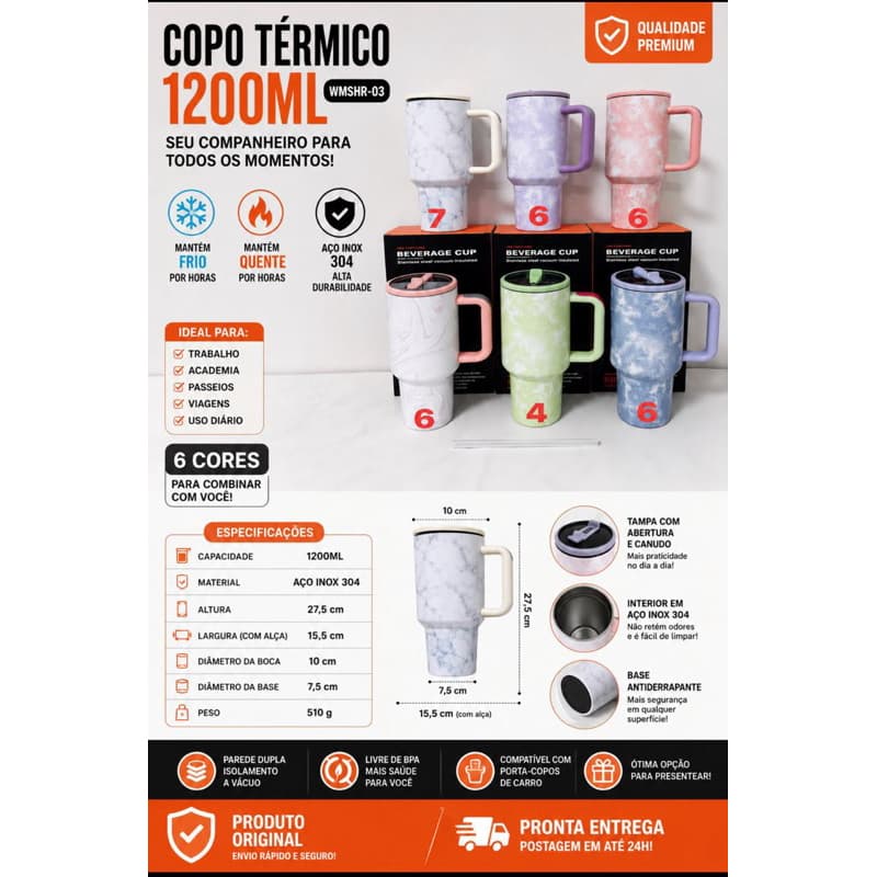 Copo Térmico 1200ml com Isolamento Térmico e Alça Ergonômica