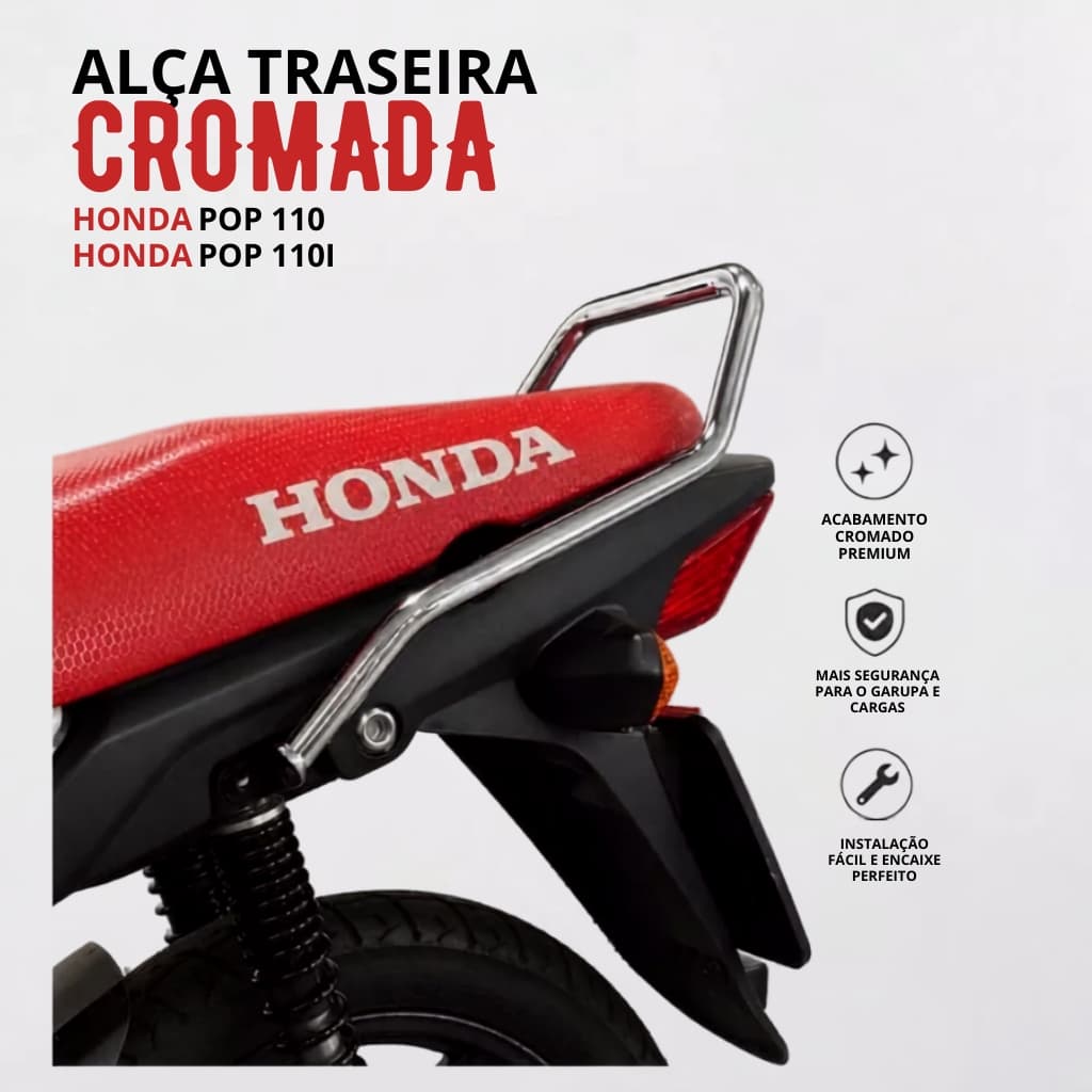 Alça Traseira Cromada Esportiva Honda pop 110 110i ES Alcinha Média Cromada Quadrada Todos os Moodelos de Pop 110 Resist