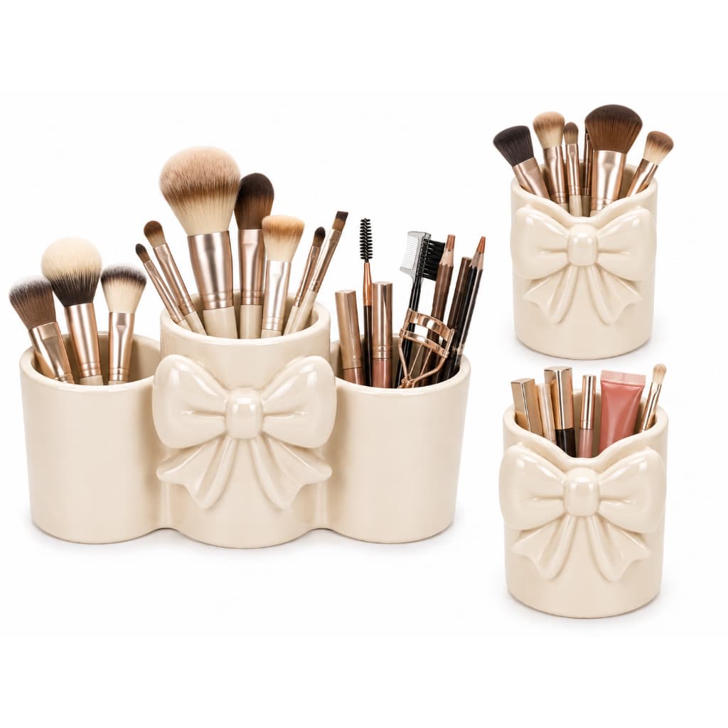 Kit Porta Pincéis de Maquiagem com Laço | Organizador de Penteadeira Decorativo Elegante (3 Peças)