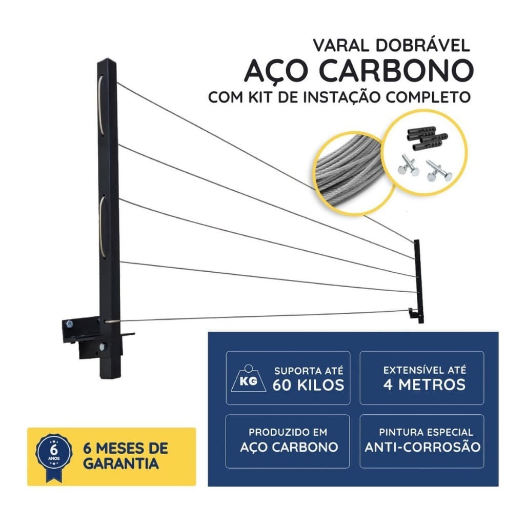 Varal DOBRAVEL PARA CIMA OU PARA BAIXO  FERRO AÇO PRETO 5 CORDAS