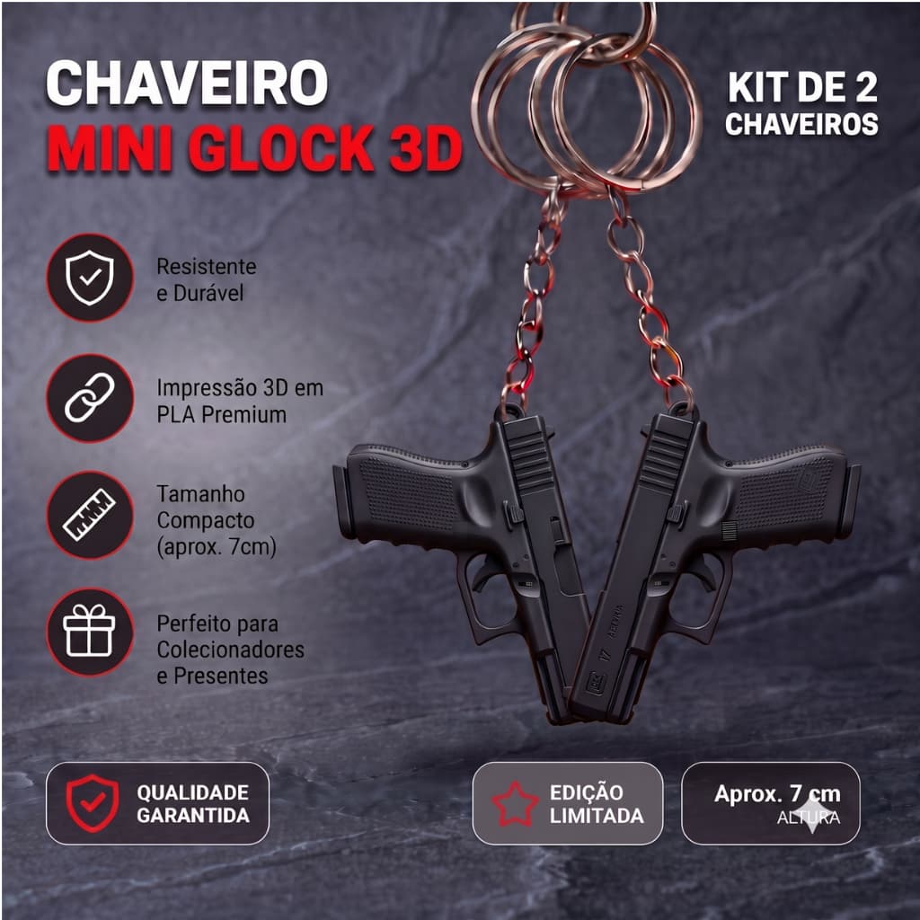 Chaveiro Mini Glock 3D Kit Com 2 3 5 ou 10 Unidades Atacado Brinde Colecionador Tatica Airsoft Impressao 3D PLA Premium