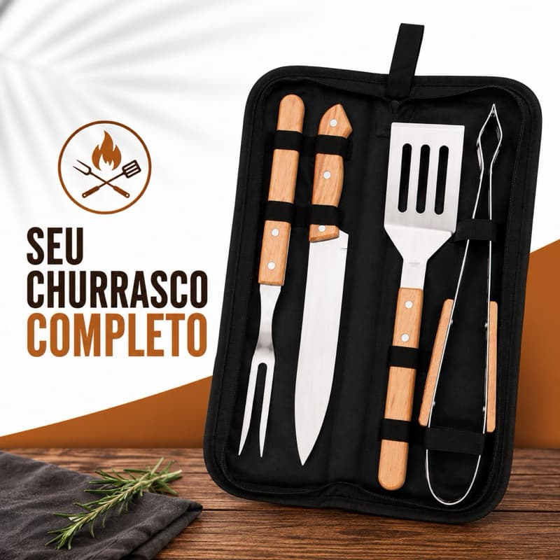 Kit Churrasco 4 Peças com Estojo Aço Inox Cabo de Madeira | Faca, Garfo, Espátula e Pegador - ideal para camping