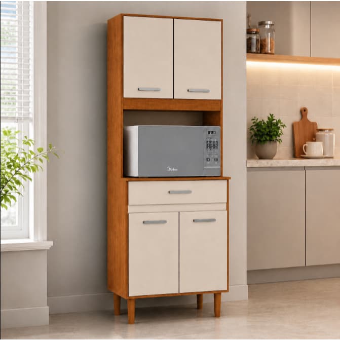 Armário Paneleiro Brescia Preto 170x60x36cm Com Gaveta Nicho Micro-ondas Cozinha Moderna Premium