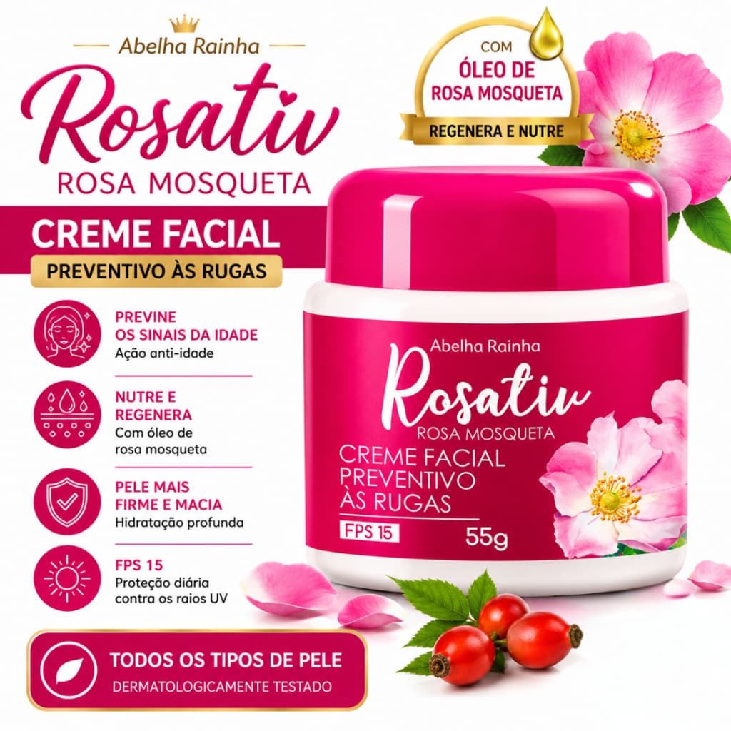 Creme Facial Óleo De Rosa Mosqueta Anti Rugas Abelha Rainha FPS 15