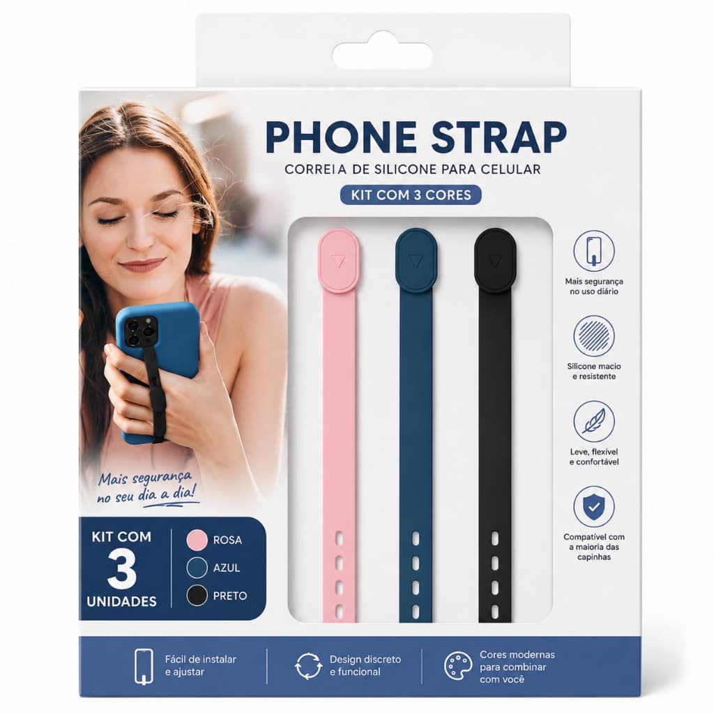 Kit  Alça para Capinha Ajustável em Silicone - Rosa, Azul e Preto