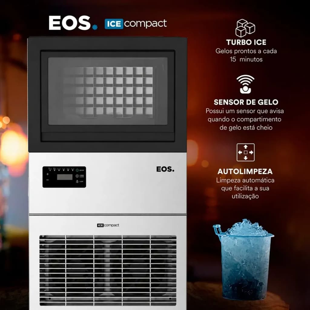 Máquina De Gelo 45kg Inox Emg45i 220v Cubos Compact - EOS TURBO GELO, SENSOR DE GELO, AUTOLIMPEZA
