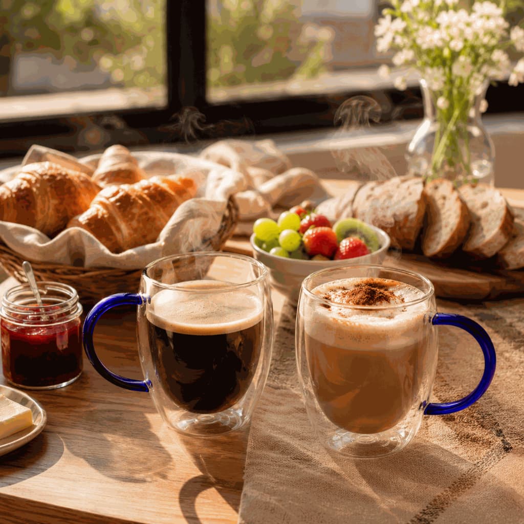 Kit 2 Xícaras Vidro Borossilicato Azul Parede Dupla 350ml Térmica Café Chá Cappuccino Bebidas Quentes e Frias
