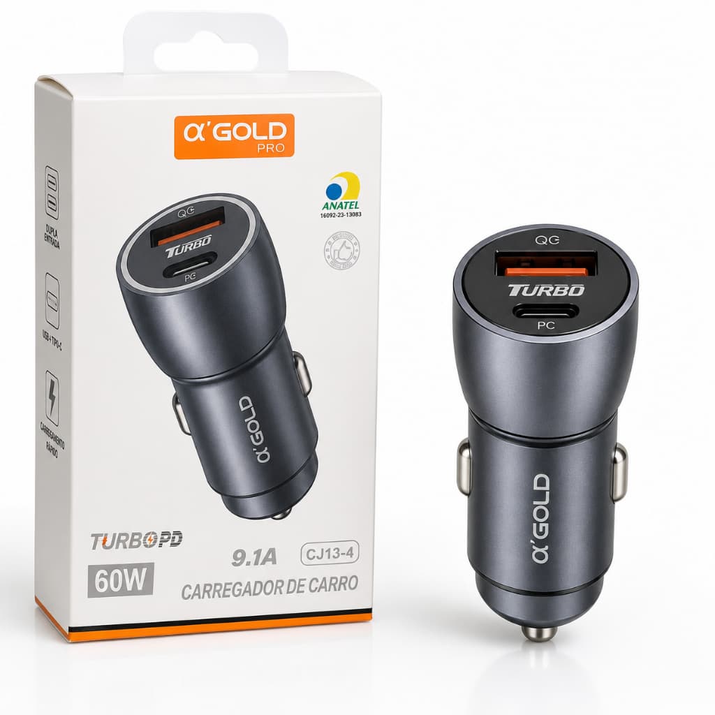 Carregador Veicular Turbo 60W USB-C PD + QC 4.0 Carregador Rápido