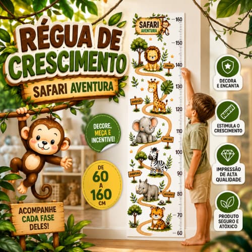 Régua de Crescimento Safari Adesivo de Parede Infantil Medidor de Altura Quarto Bebê Menino Menina Vinil Lavável Decoraç