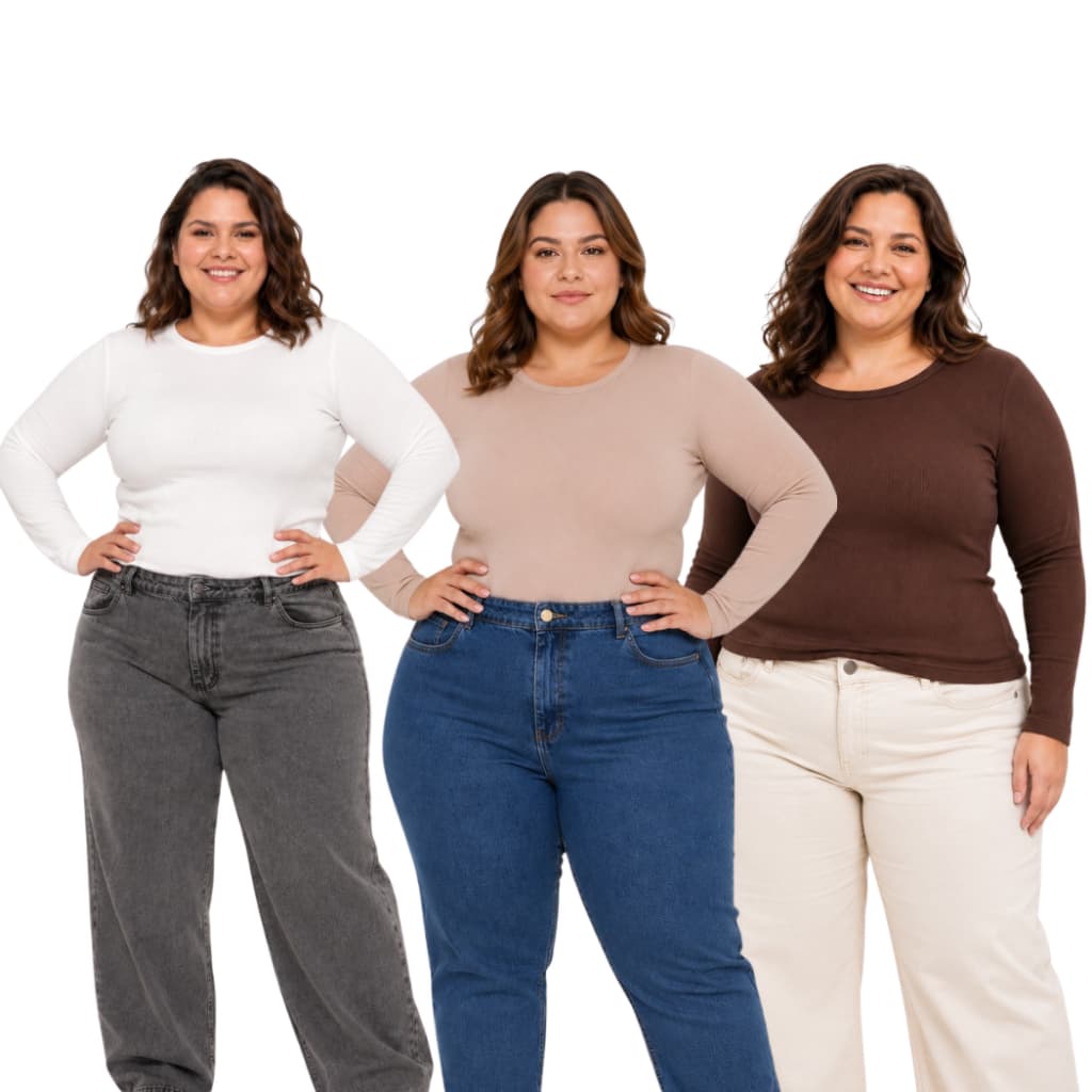 Kit 3 Blusas Femininas Plus Size Manga Longa Ribana Premium Canelada G1 G2