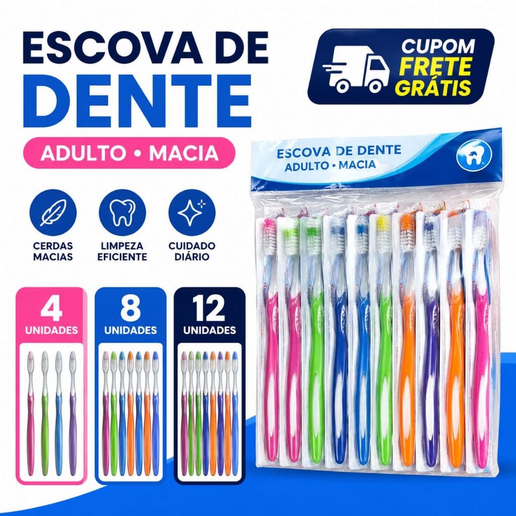 kit  4,8 e 12 Escovas de Dente - Cerdas Macias - Uso Diario - Cores Sortidas