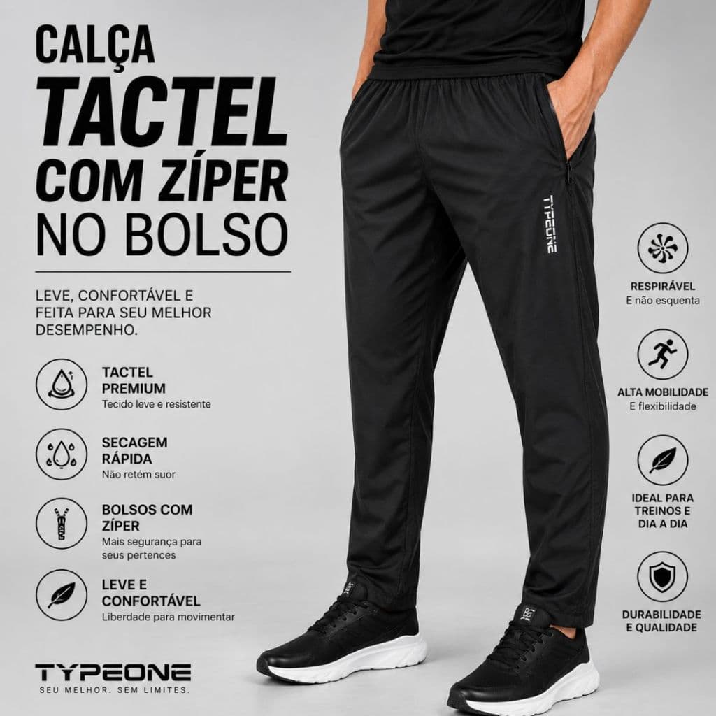 Calça Tactel Masculina Zíper Bolso Jogger Academia Treino Caminhada Casual Secagem Rápida Leve
