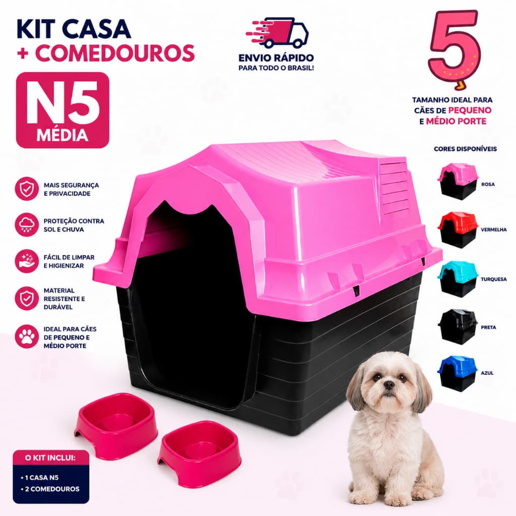 Casinha Casa De Cachorro N5 Cachorro Médio Grande com Comedouro e Bebedouro 500ML