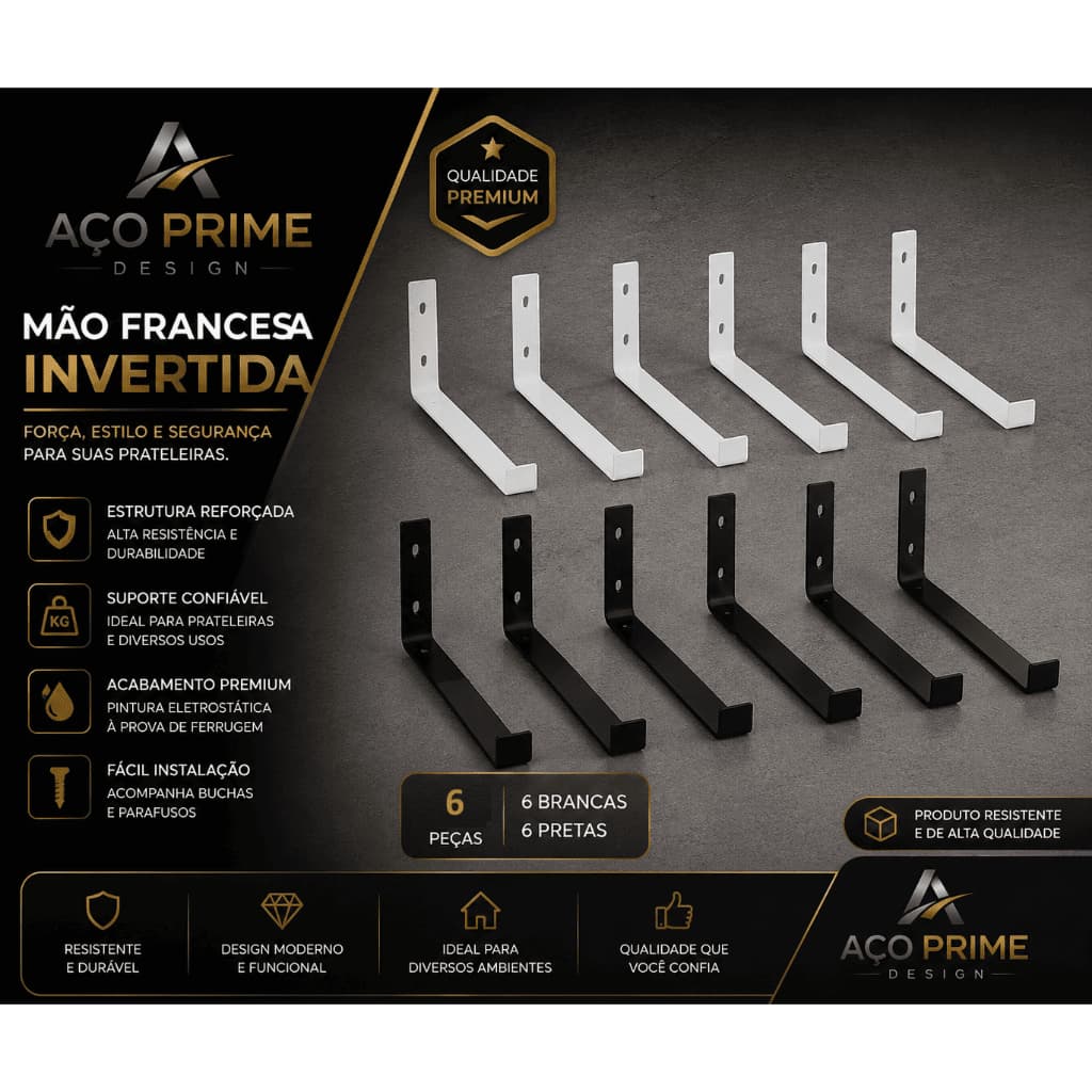 Kit com 6 Suporte Mão Francesa Invertida Ferro Reforçado Vários tamanhos Suporta até 10kg