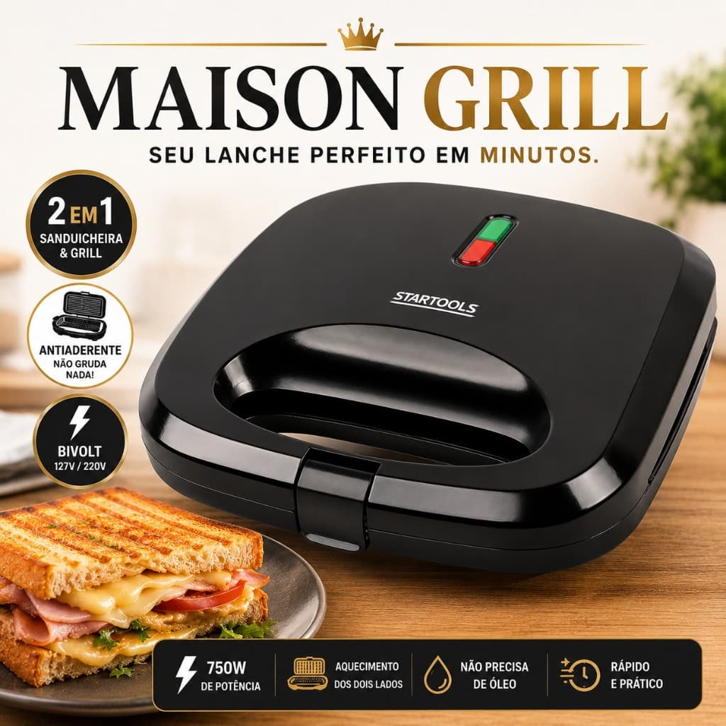 Sanduicheira Grill Elétrica Dupla Antiaderente Premium 750W Bivolt Rápida Fácil Limpeza Preta
