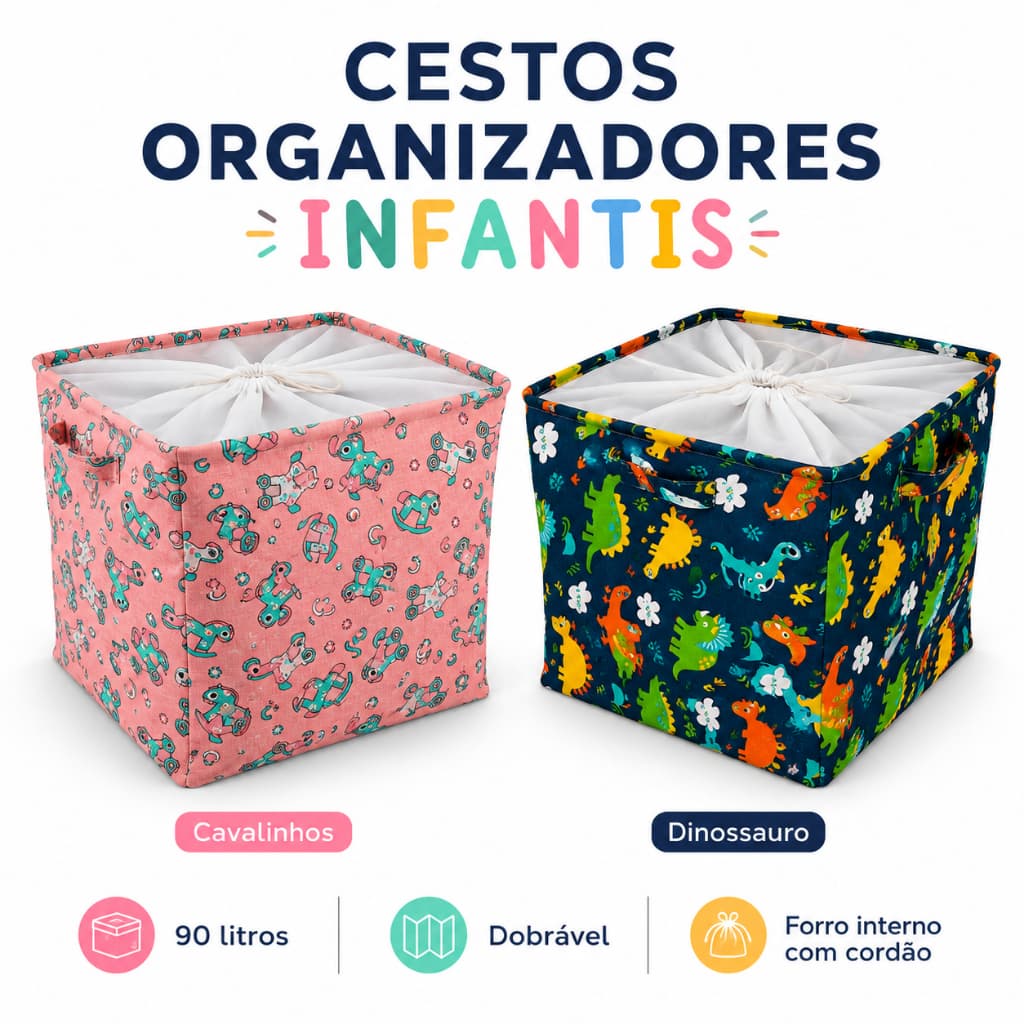Cesto Organizador Roupas e Brinquedos 90 Litros Infantil Quadrado Multiuso Organizador de Ursos