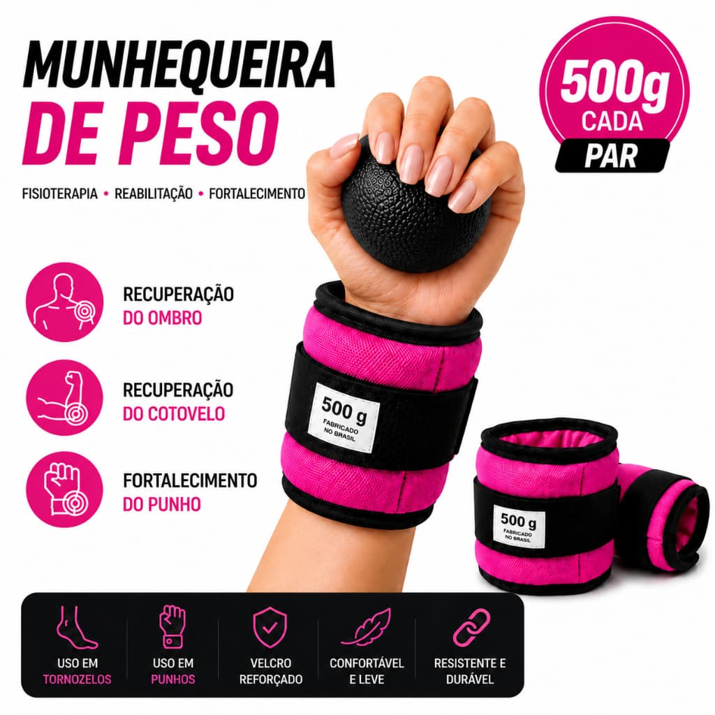 Munhequeira Par Rosa 500g Fortalecimento Fisioterapia Terapêuticos Reabilitação Ajustável Coordenação Peso de Punho