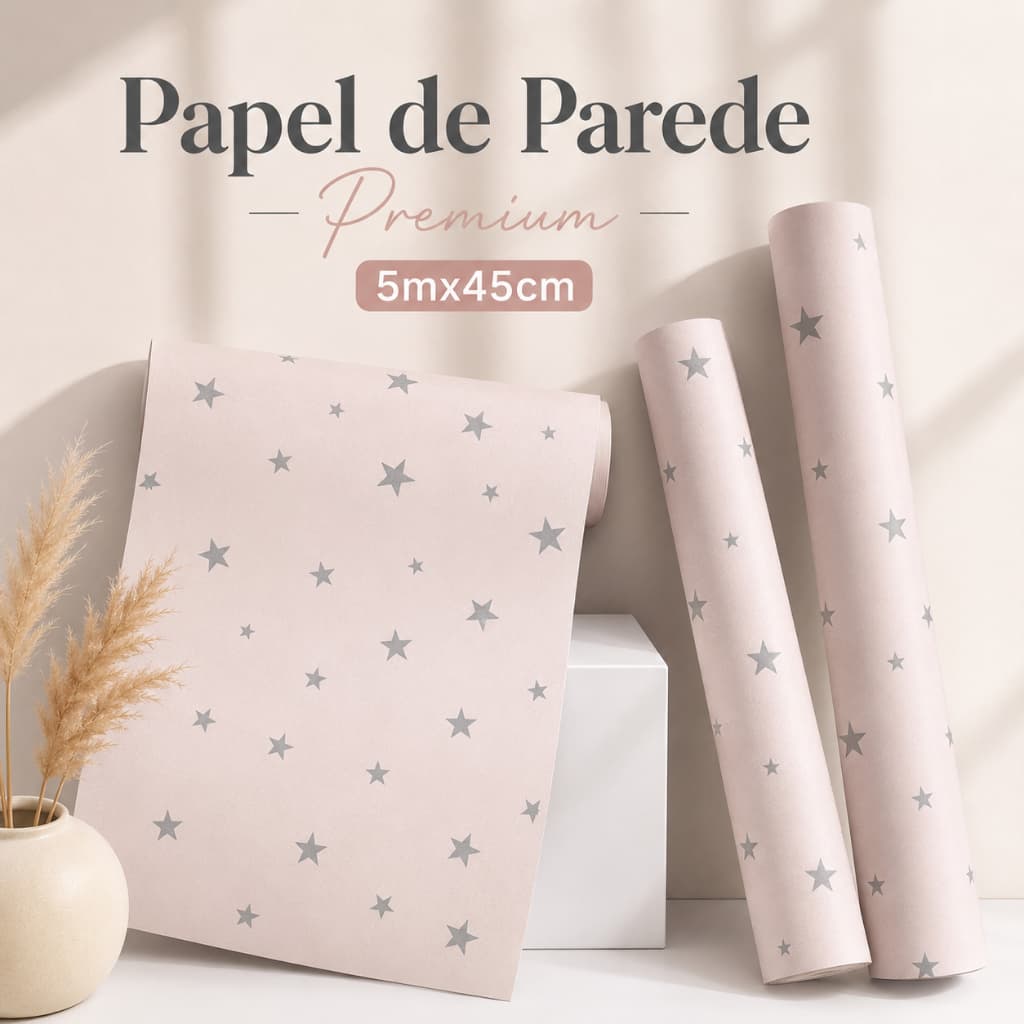 Papel de Parede Autoadesivo Estrelas Rosa Decoração Quarto Bebê e Infantil 5mx45cm