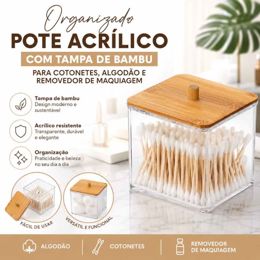Organizador De Cotonetes Algodão Acrílico Bambu Almofadas Cosméticos Porta Maquiagem De Banheiro
