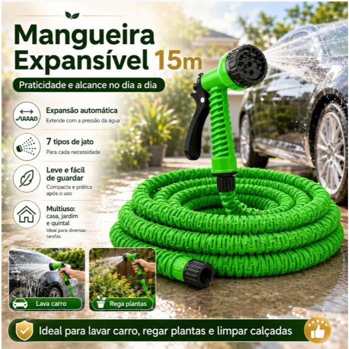 Mangueira Expansível Flexível 15m com Esguicho Multiuso para Jardim, Quintal e Lavagem de Carro