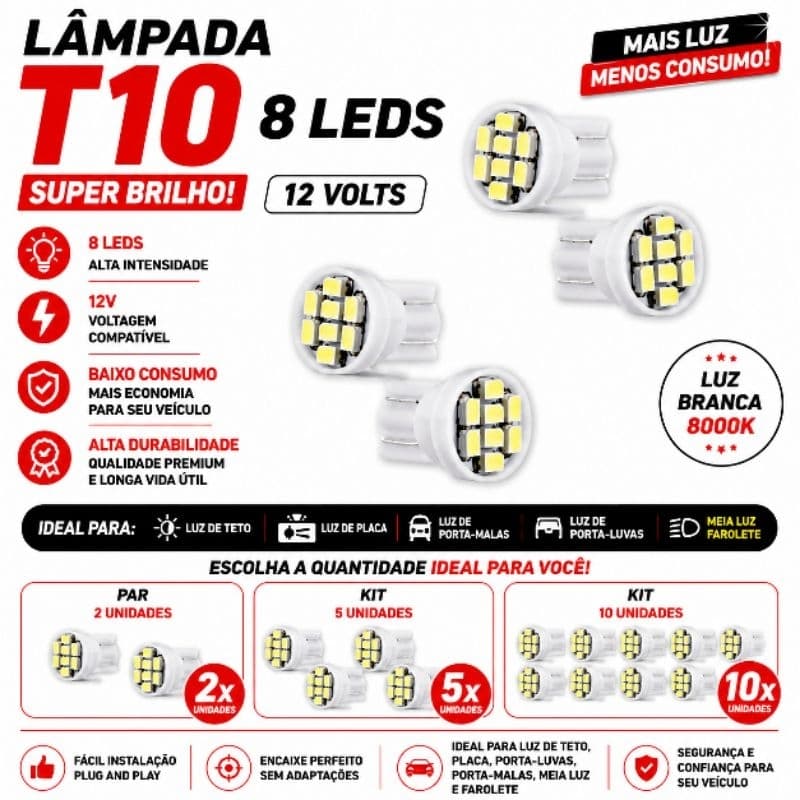 Kit Lâmpadas T10 Pingo Led Pingão 12V Luz de Placa Meia Luz Dianteira Traseira Ré Luz de Placa