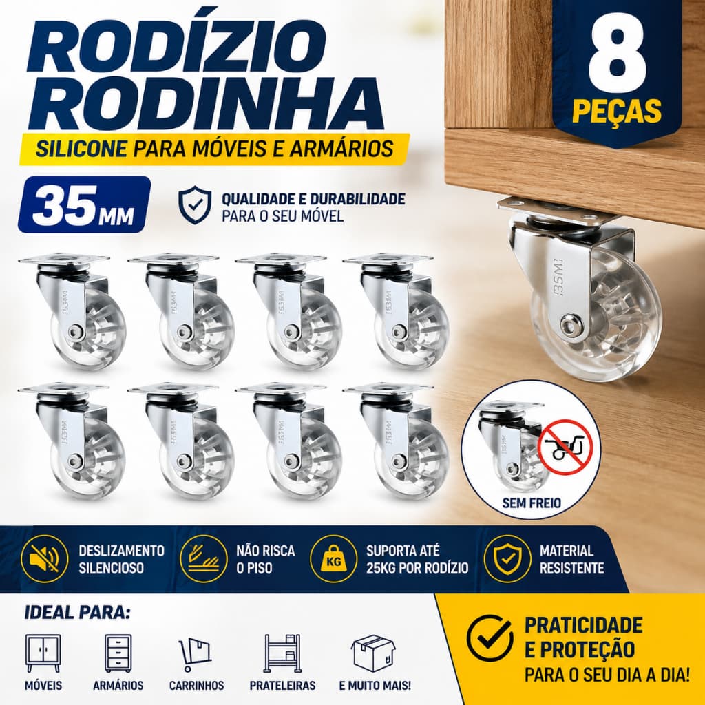 Rodízio Rodinha Silicone Para Móveis E Armários 35mm - 8pç sem freio