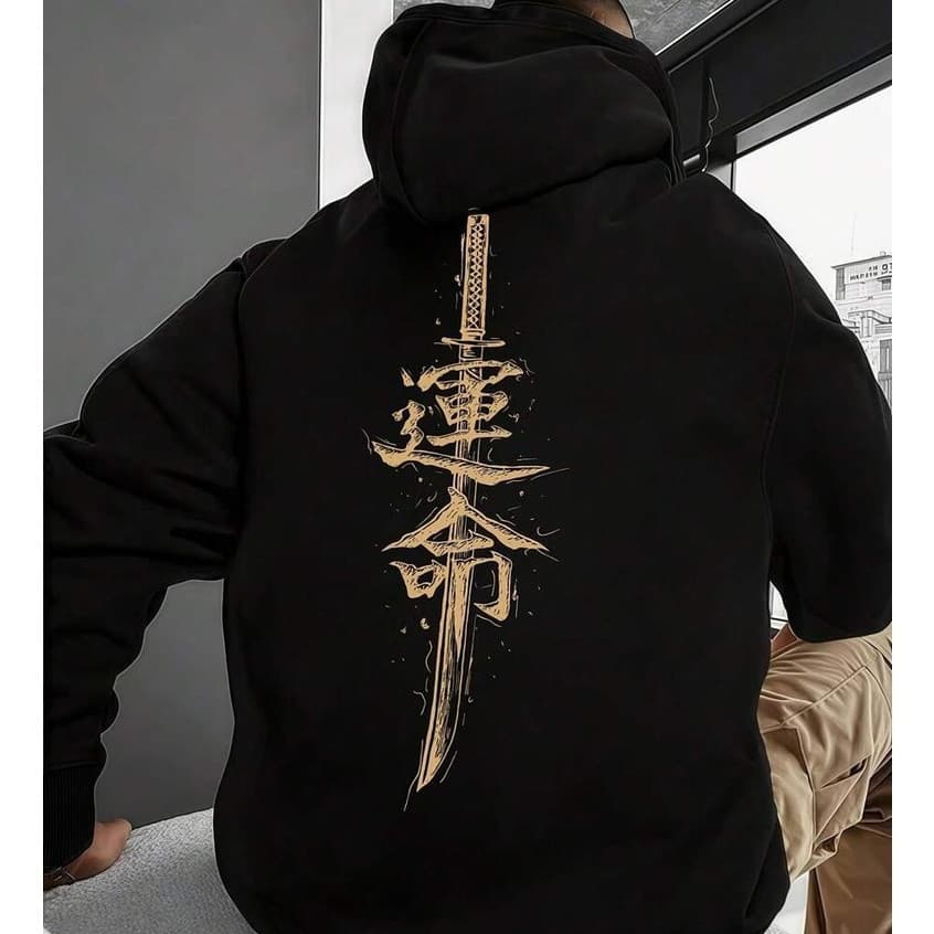 Moletom Casual Masculino de Manga Longa com Ombros Caídos, Estampa de Caracteres Chineses e Bolso