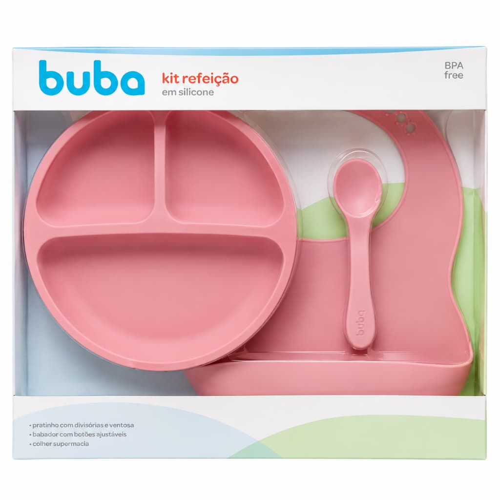 Kit Refeição Prato Ventosa Babador E Colher Silicone Buba