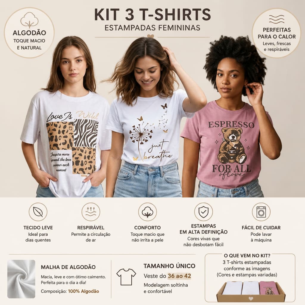 Camiseta Feminina Kit 3 Tshirt  Estampas Variadas Manga Curta Casual Básica