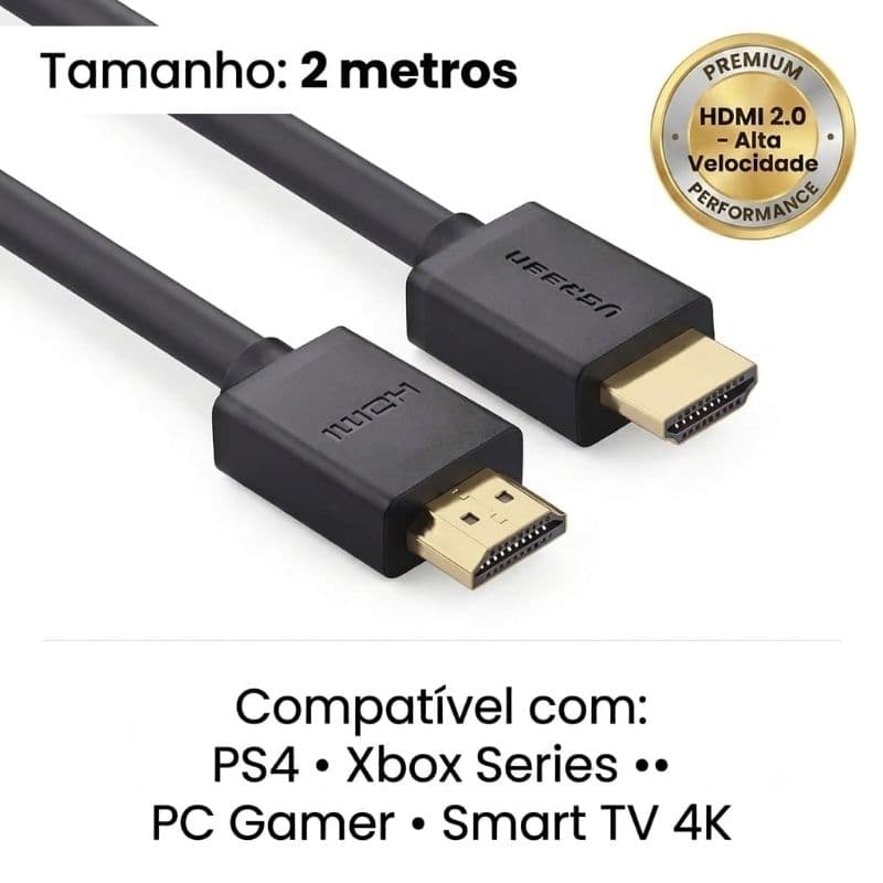 Cabo HDMI Ugreen Original 4K Ultra HD Blindado Emborrachado Alta Velocidade 2 Metros Para Smart TV PS4 Xbox PC Notebook