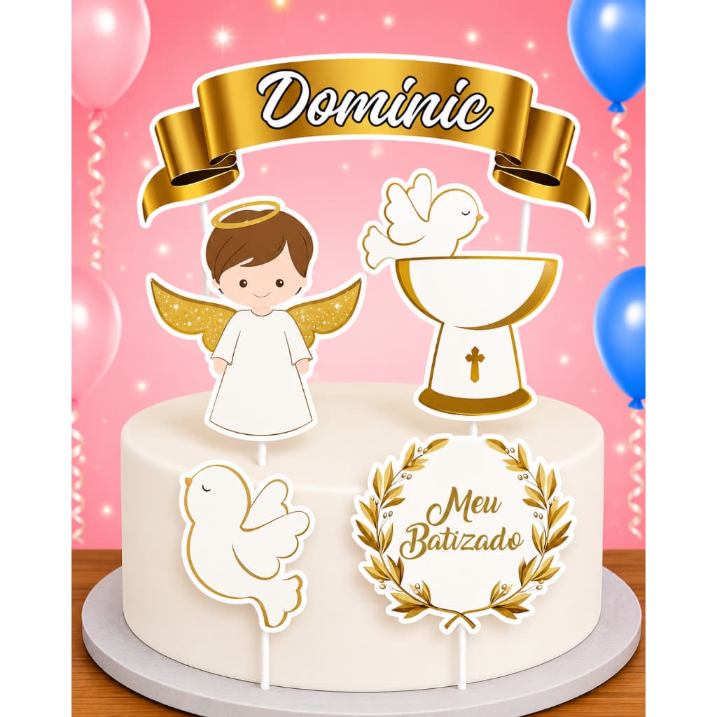 Topo Topper De Bolo Personalizado C/nome Batizado Dourado ENVIO RÁPIDO