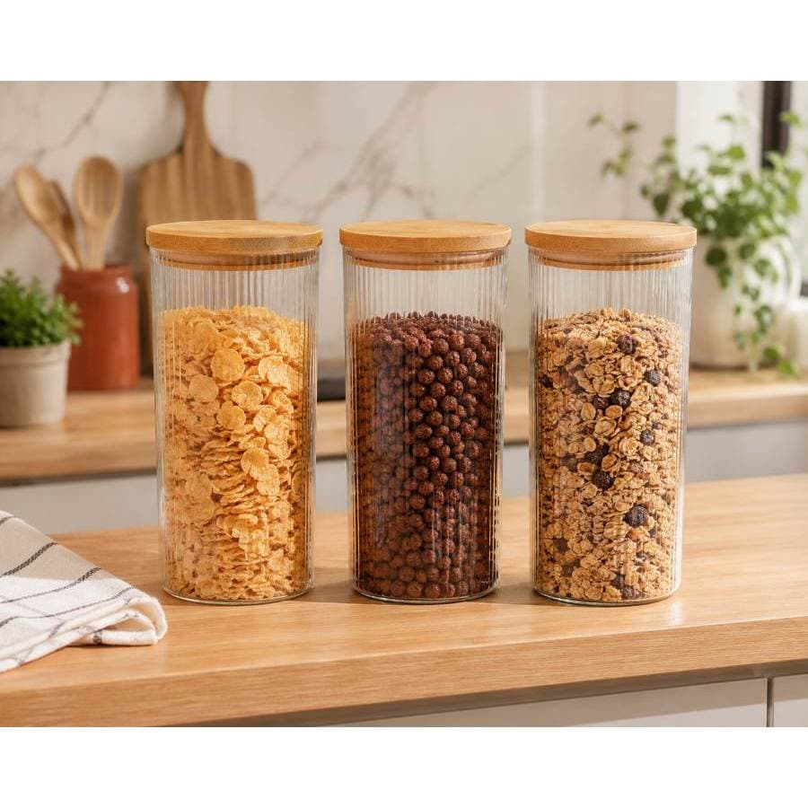 Kit 3 Potes Vidro Hermético Tampa Bamboo 1,4L alimentos cereais mantimentos