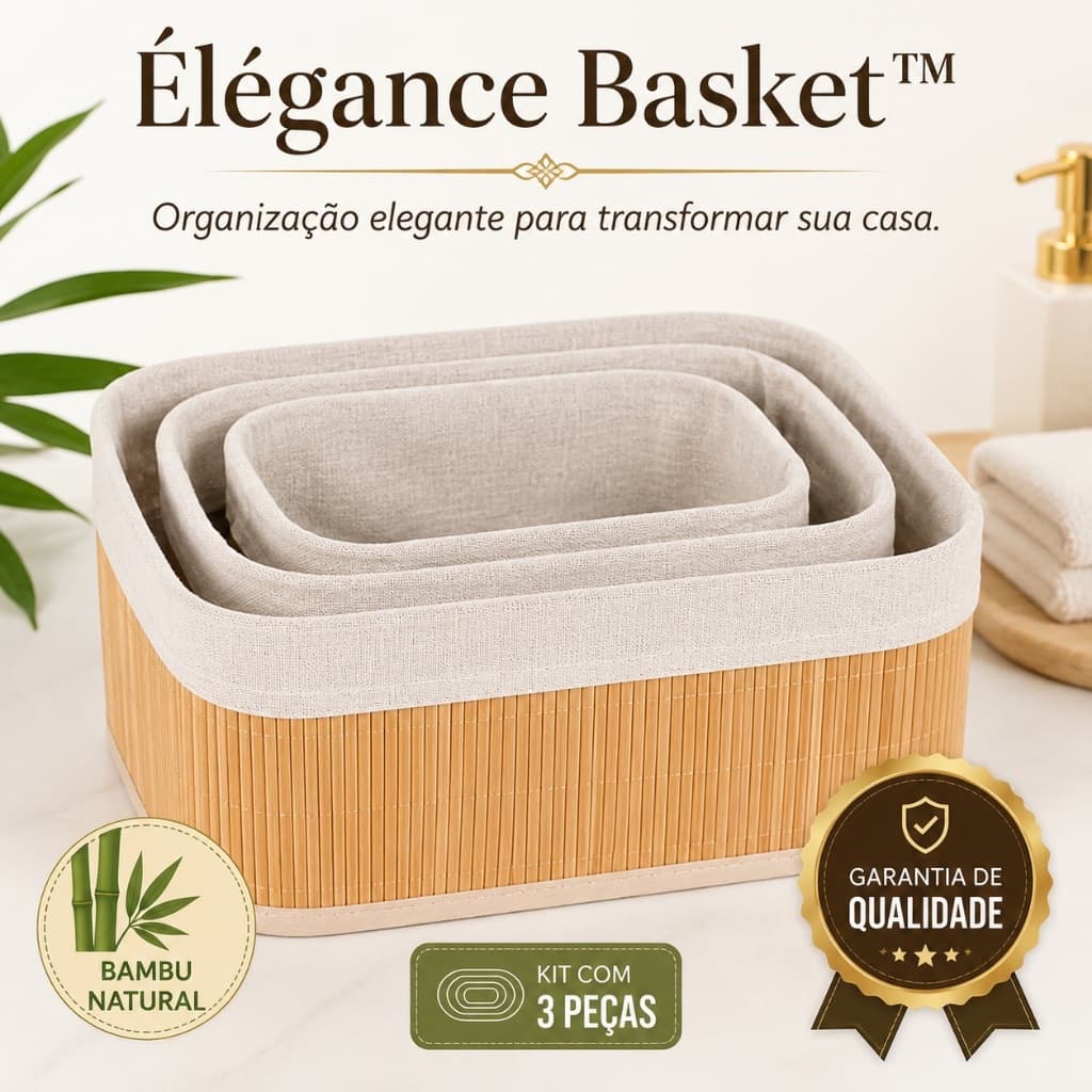 Kit 3 Cestos Organizadores Bambu Natural Multiuso para Banheiro Closet e Cozinha