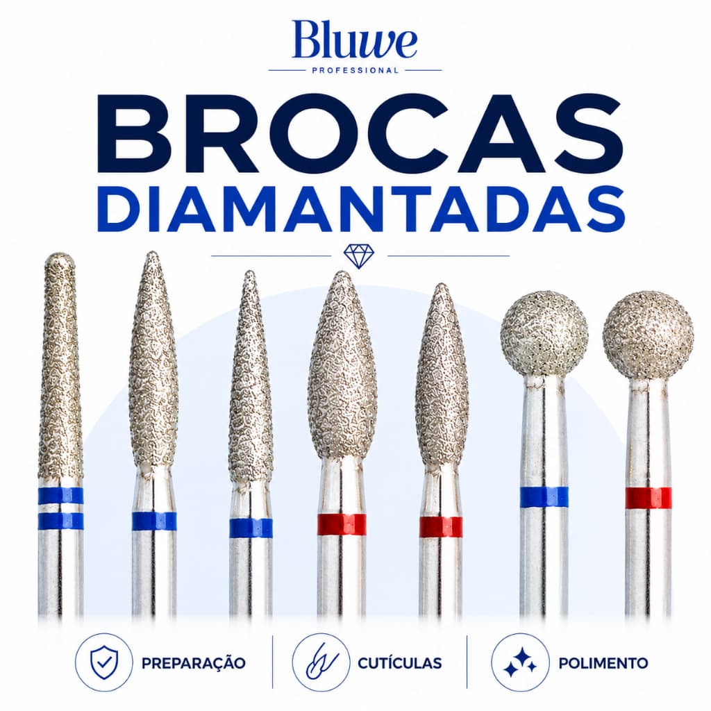Broca Diamantada Bluwe para Cutícula e Preparação | Chama, Esférica e Mini Cone