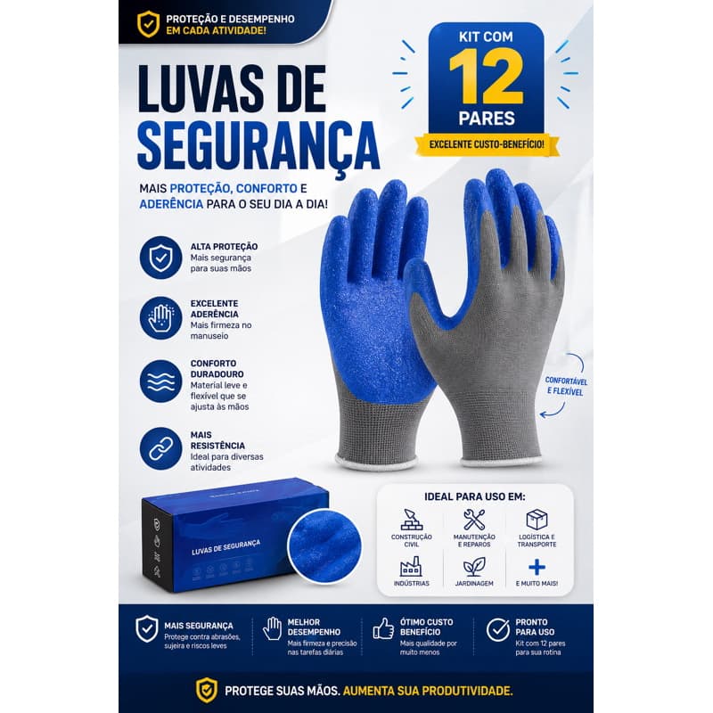 Kit 12 pares de Luva de Proteção EPI, Corrugadas, Resistente à Corte e a Abrasão / Mecânica / Const Civil / Jardinagem