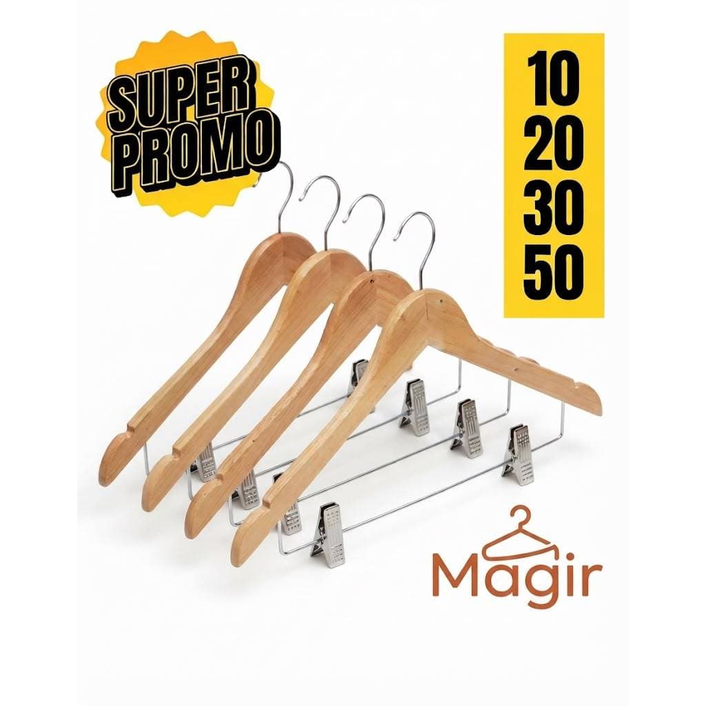 Cabides de Madeira Premium Com Presilha Clips De Aço Antideslizante Organização Closet Kit 20/10/30