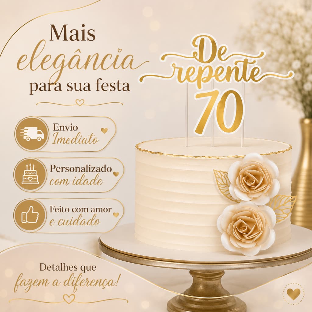 Topo/topper de bolo De repente 30, 40, 50, 60, 70 com rosas/ Topo premium papel color plus e lamicote 180g